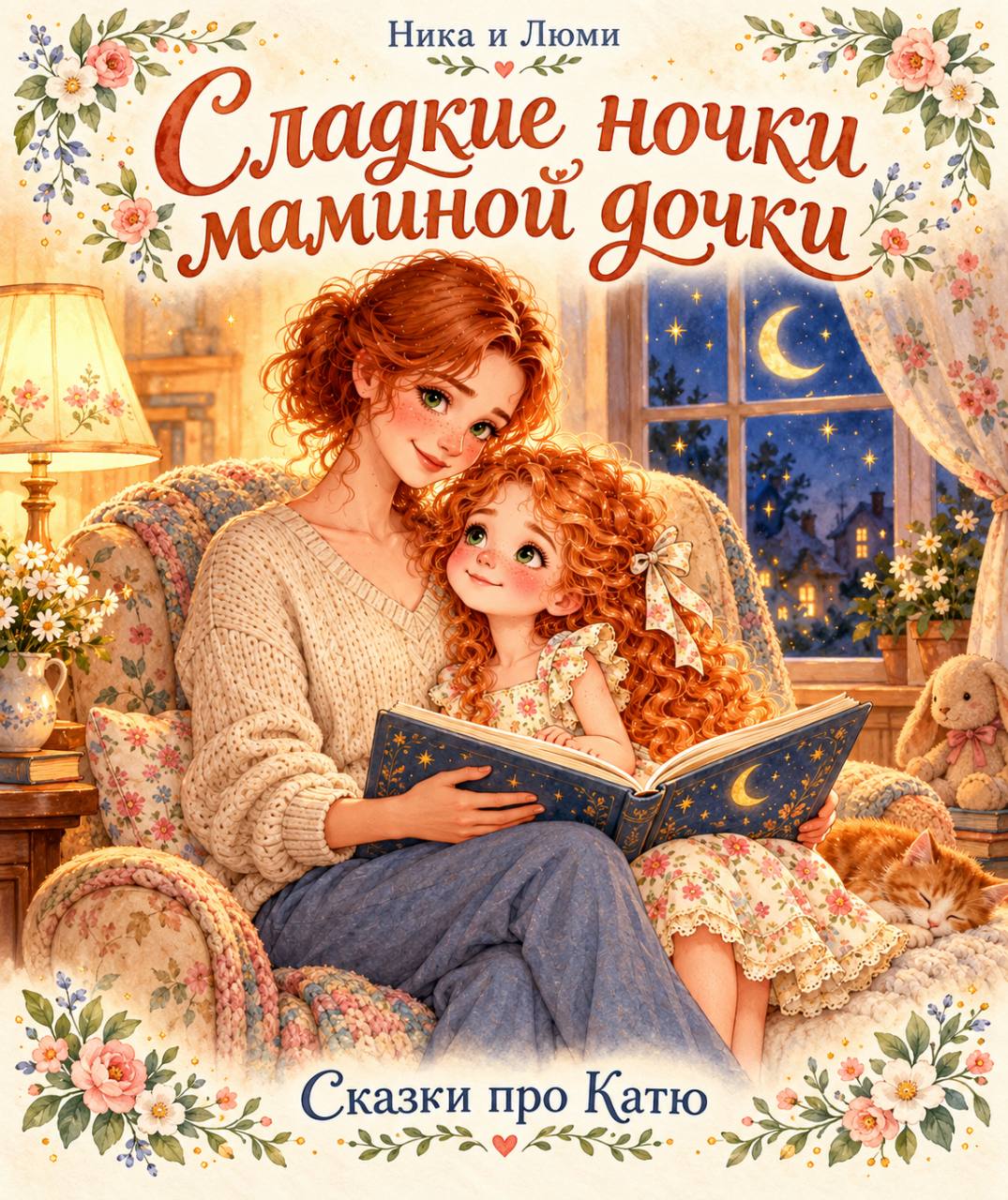 Обложка «Сладкие ночки маминой дочки»: мама читает книгу рыжеволосой Кате у окна с луной